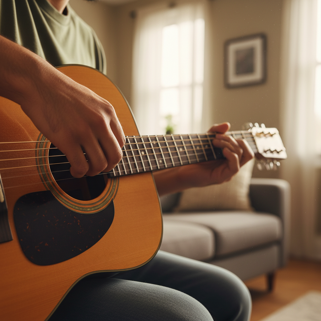Close-up of hands expertly playing an acoustic guitar, demonstrating chords.