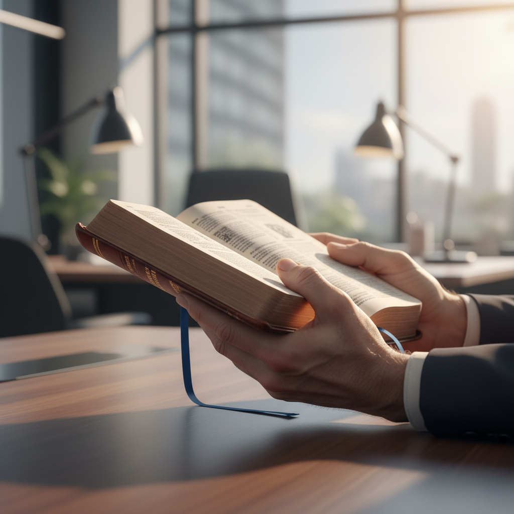 Close-up of hands gently resting on an open Bible on a professional desk, illuminated by soft light, symbolizing contemplation, grace, and divine wisdom.