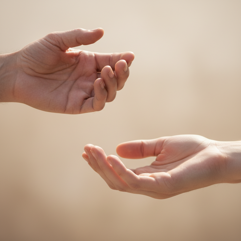 Close-up of two hands, one reaching out and another gently open, symbolizing a transition from physical clinging to spiritual understanding in a reverent setting.