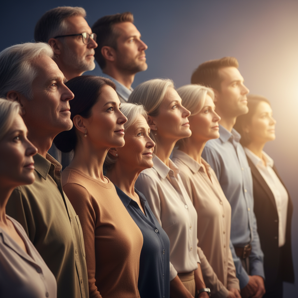 Diverse group of people bathed in warm, guiding light, symbolizing spiritual understanding and hope.