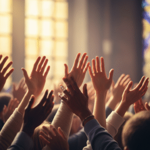 Diverse hands raised in worship, symbolizing collective adoration and spiritual devotion.