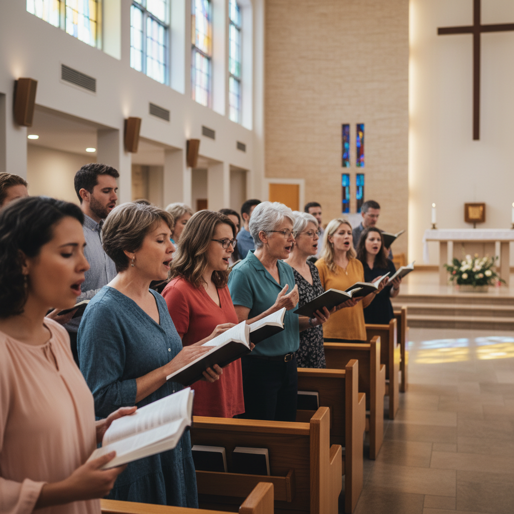 Diverse worshippers sing together in a modern church, their faces showing reverence and devotion.