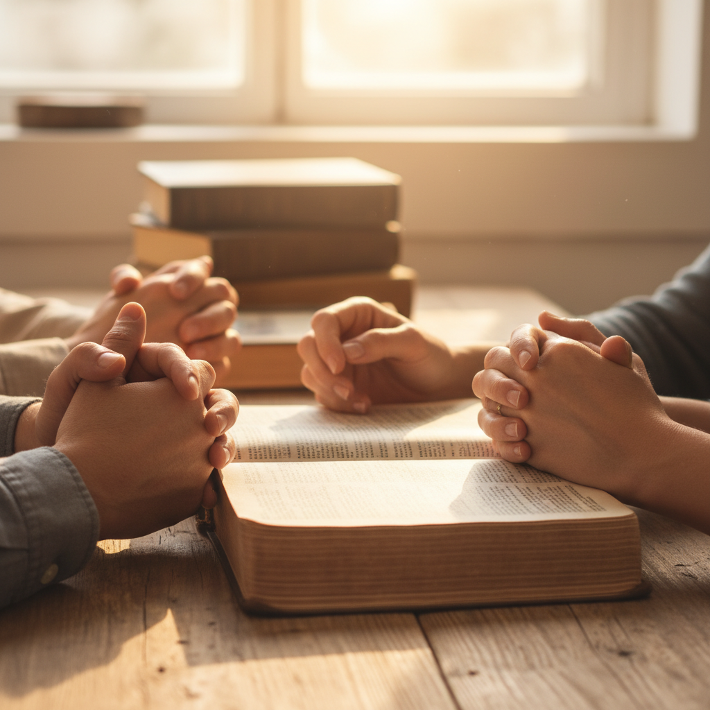 Hands holding an open Bible, with soft light illuminating the pages.