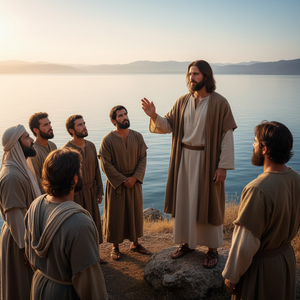 Jesus commissions his disciples in a serene outdoor setting.