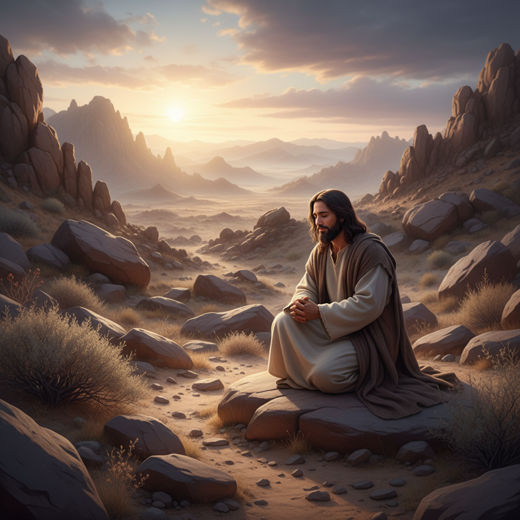 Jesus praying alone in a natural, peaceful, desert-like setting at dawn.