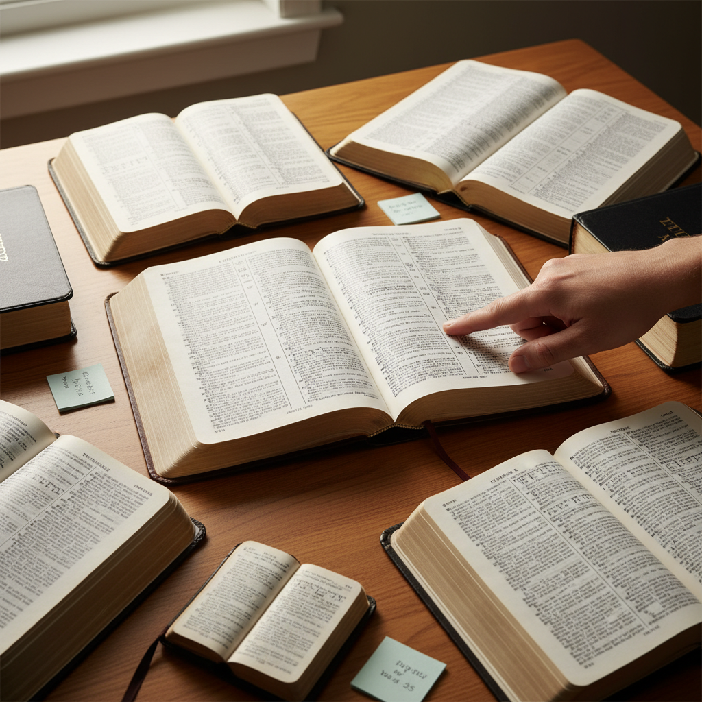 Multiple open Bibles on a wooden table, with a hand pointing to text in Romans chapter 3, symbolizing study and comparison of scripture.