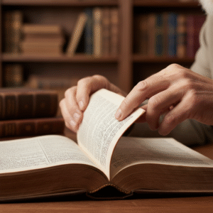 Reverent hands carefully turning the pages of an antique-style Bible, symbolizing scholarly and spiritual inquiry into the biblical description of Jesus.