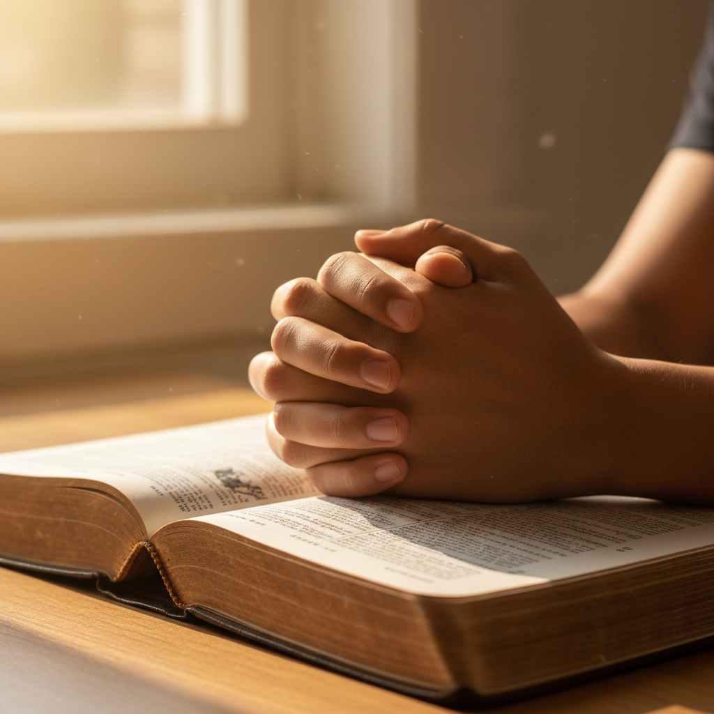Two diverse hands clasped in prayer on an open Bible, symbolizing faith, unity, and hope.