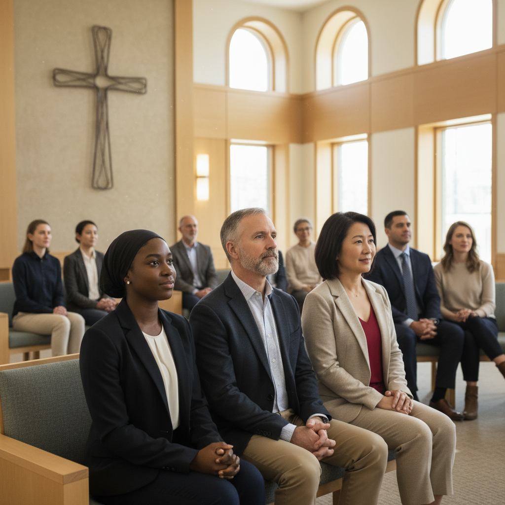 A diverse group of people united in fellowship, looking forward with serene expressions.