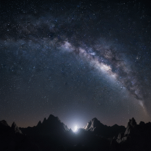 A majestic astrophotography shot of the Milky Way and countless stars arcing over silhouetted mountain peaks, conveying cosmic scale and divine presence.
