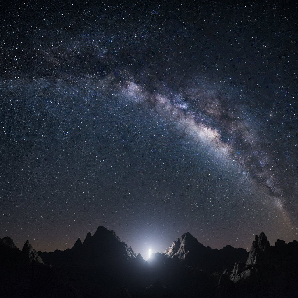A majestic astrophotography shot of the Milky Way and countless stars arcing over silhouetted mountain peaks, conveying cosmic scale and divine presence.