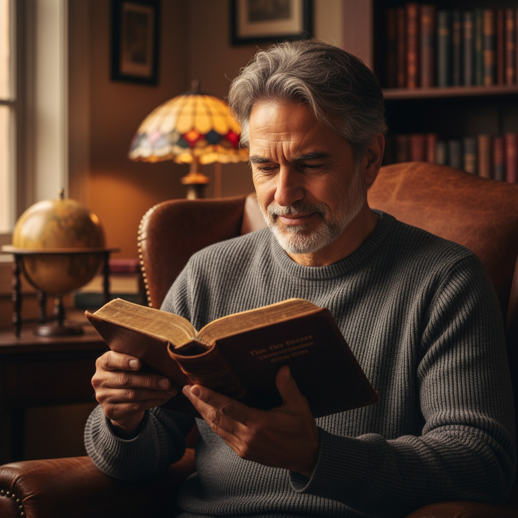 A man with a thoughtful expression holding an open Bible in a softly lit, quiet setting.