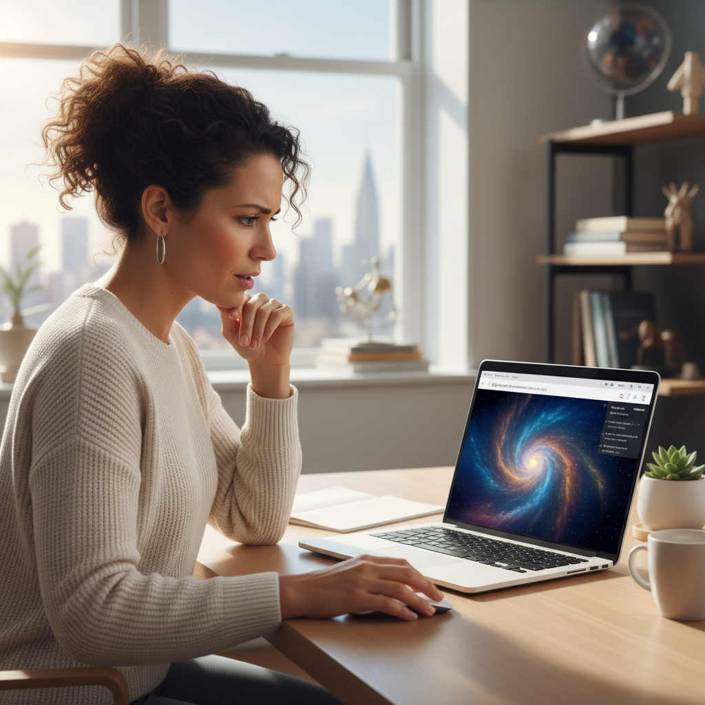 A person thoughtfully looking at a laptop displaying cosmic imagery, searching for answers.