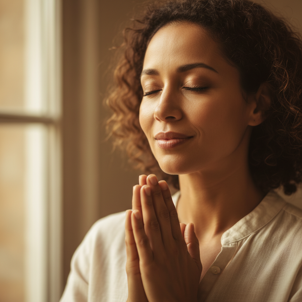 A person with a serene expression, eyes closed, in a posture of prayer or deep spiritual contemplation.