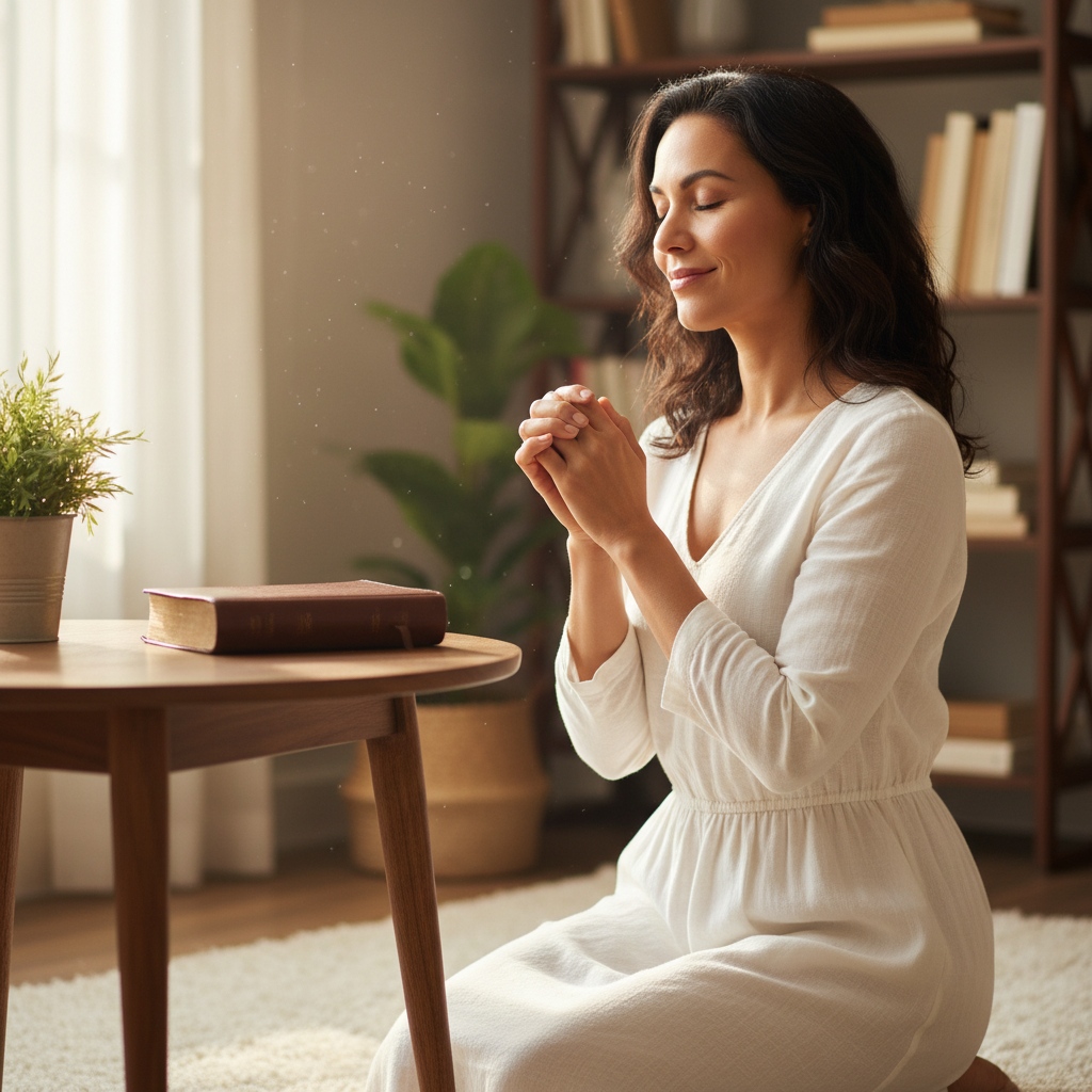 A person with clasped hands, in quiet reflection or prayer, in a peaceful setting.