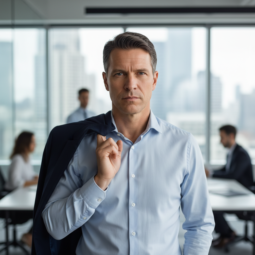 A professional man with a focused, determined expression in a clean, modern setting.