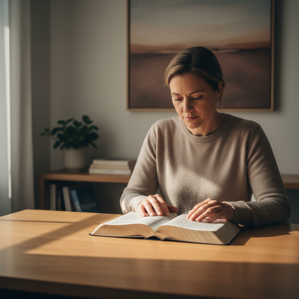 A serene individual thoughtfully engaging with an open Bible, symbolizing clarity, hope, and finding answers in scripture.