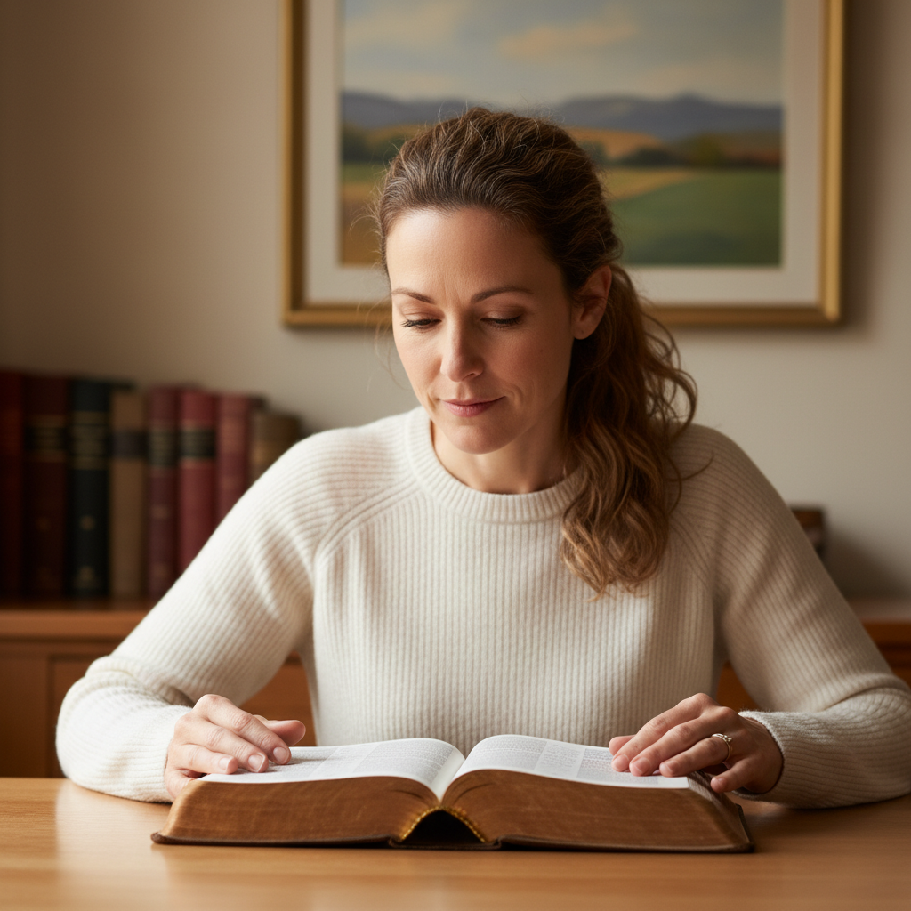 A woman thoughtfully reads an open Bible on a wooden desk.