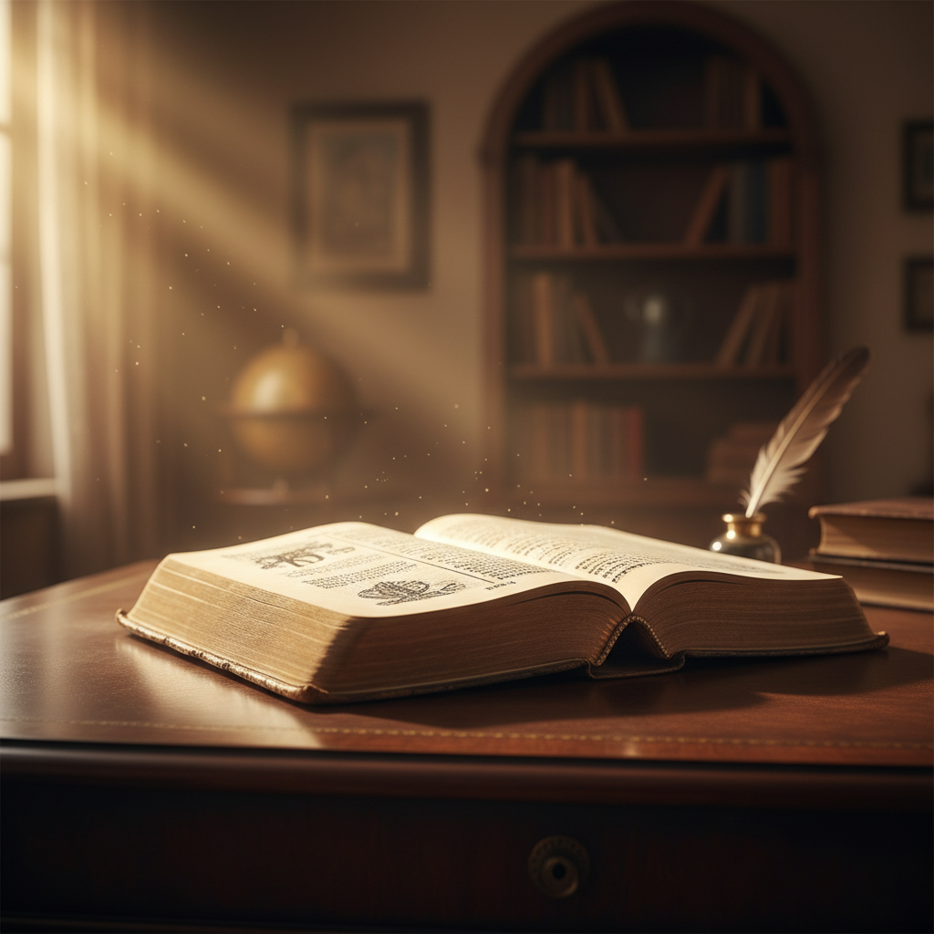An open Bible resting on a wooden desk, illuminated by a warm, golden ray of light shining onto its pages, symbolizing divine revelation.
