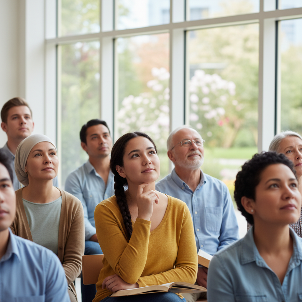 Diverse individuals with thoughtful, hopeful expressions, reflecting on life's questions.
