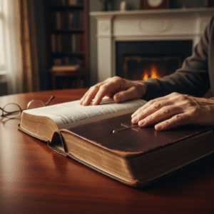 Hands resting on an open Bible, symbolizing deep study and the search for biblical answers.