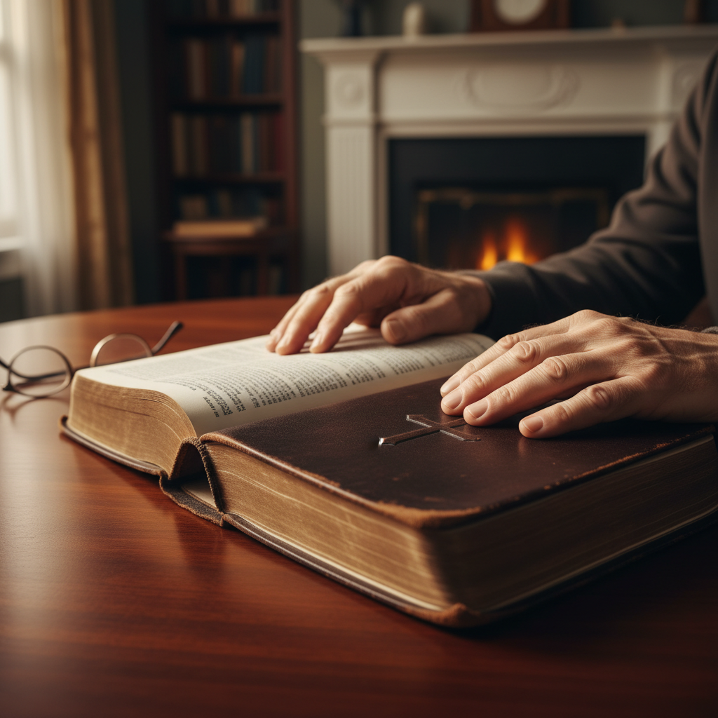 Hands resting on an open Bible, symbolizing deep study and the search for biblical answers.
