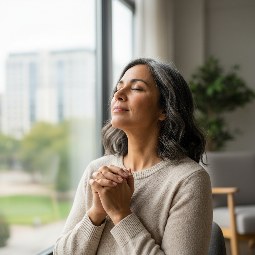 Person with a serene, reflective expression, conveying deep personal faith.