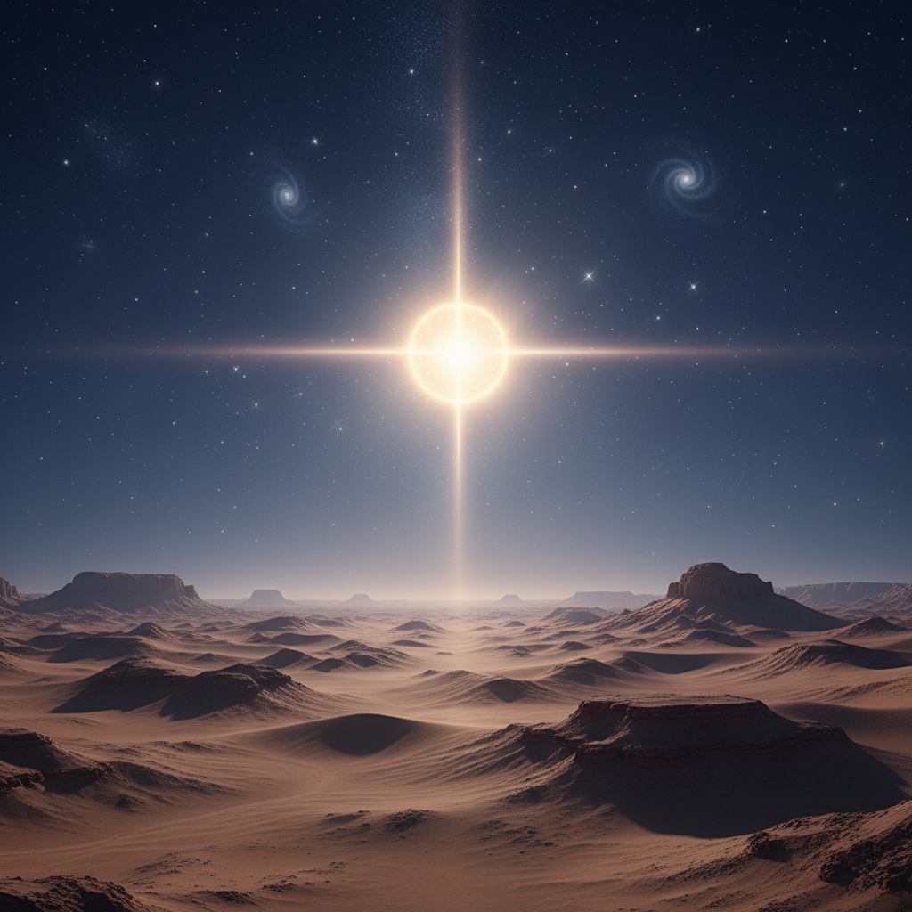 A brilliant, singular star with a radiant glow illuminates a vast, tranquil ancient desert landscape under a dark night sky.