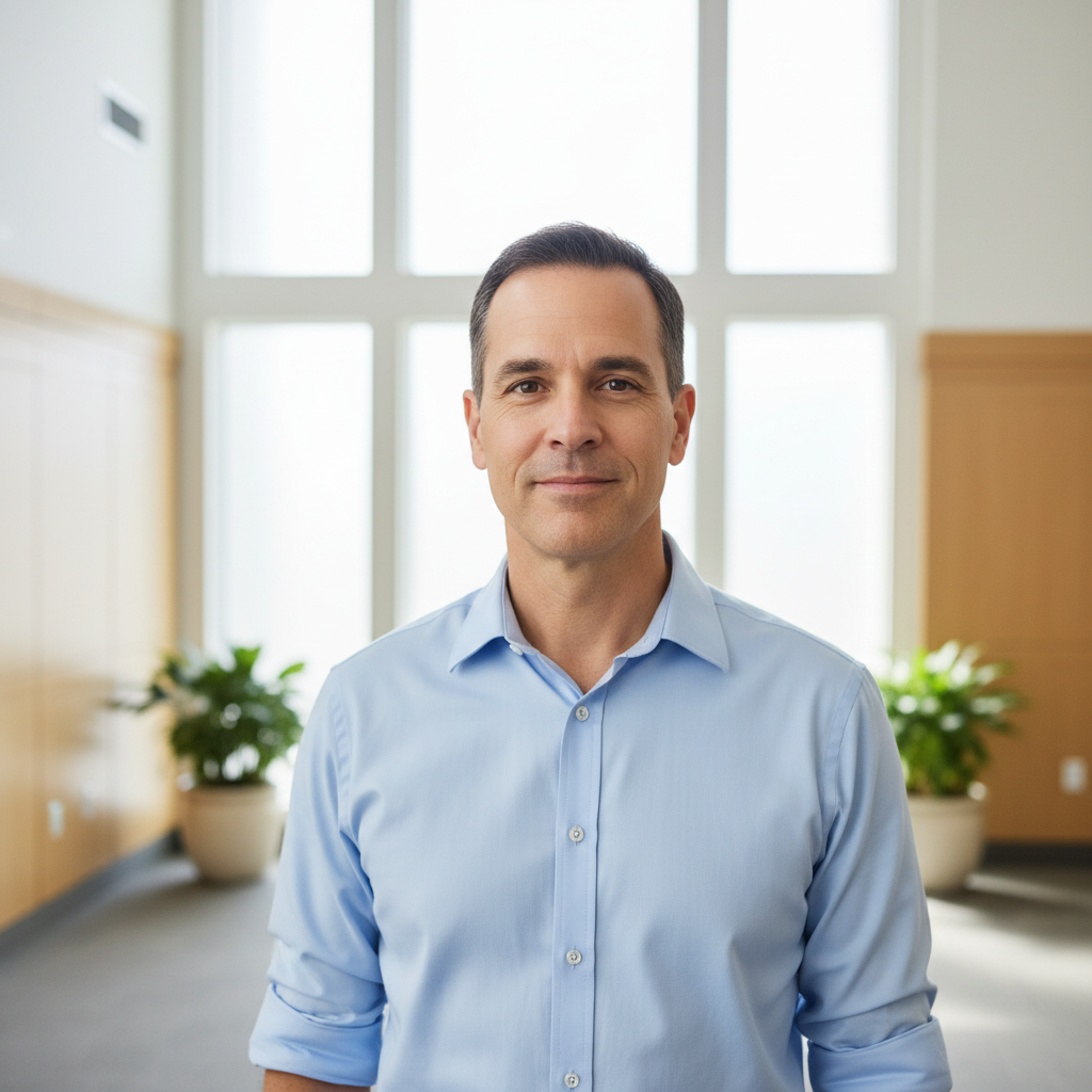 A calm man with a reassuring smile, embodying peace and spiritual understanding.