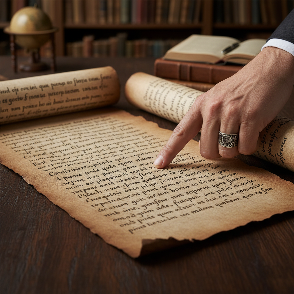 A close-up of a hand pointing to Latin text on an ancient-looking scroll.