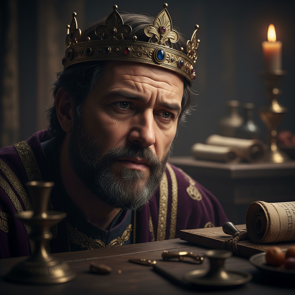 A close-up of King Herod's face, showing a troubled and fearful expression.