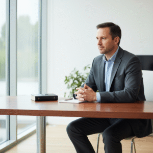 A contemplative individual at a modern desk, reflecting on spiritual themes and the significance of age, with a closed Bible nearby.