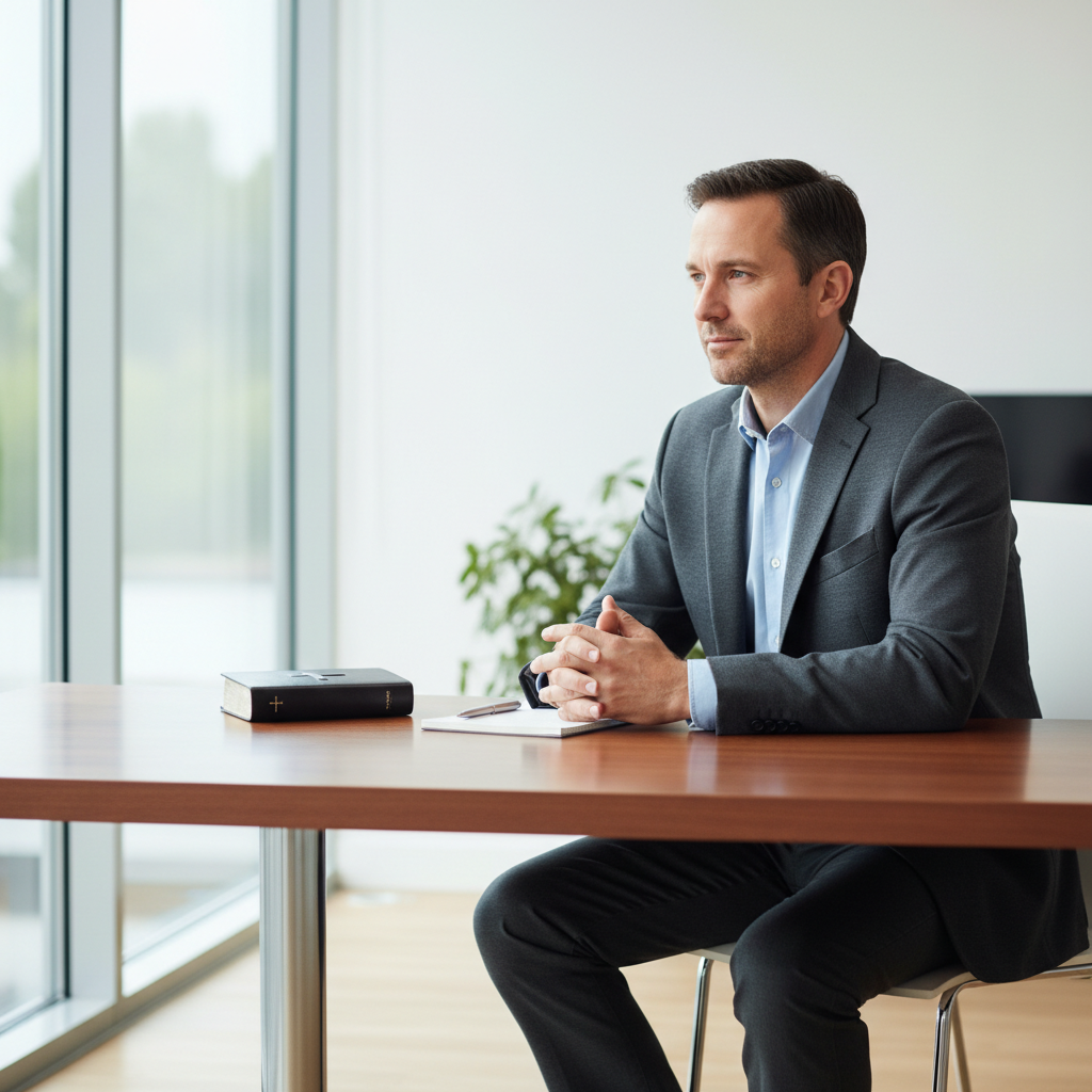 A contemplative individual at a modern desk, reflecting on spiritual themes and the significance of age, with a closed Bible nearby.