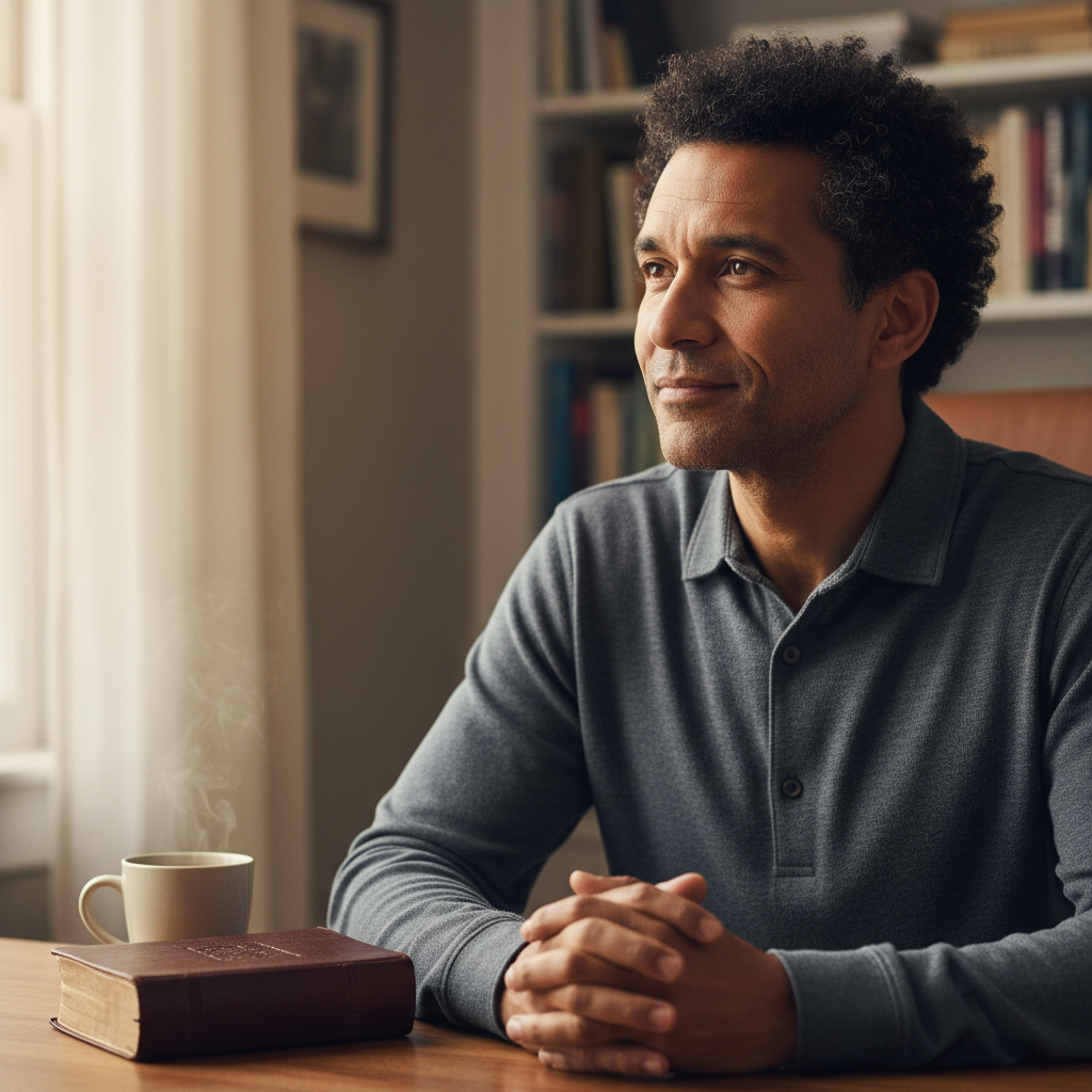 A contemplative person in a quiet setting, reflecting on faith and spiritual questions.