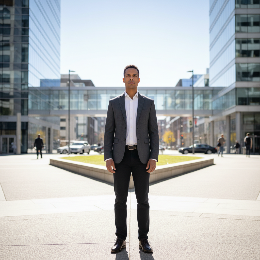 A determined professional standing at a decision point, looking forward with clear conviction.