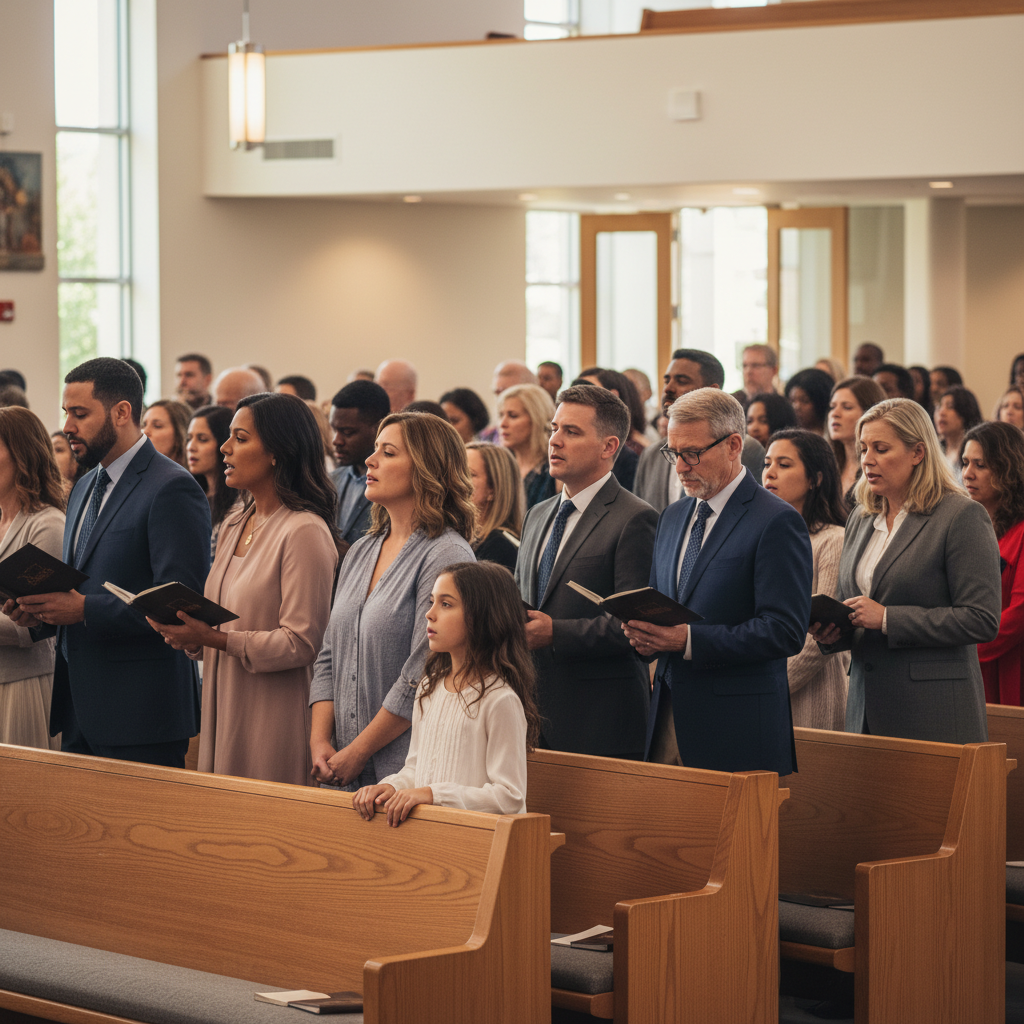 A diverse congregation of people attentively participating in an orderly and respectful Christian worship service.