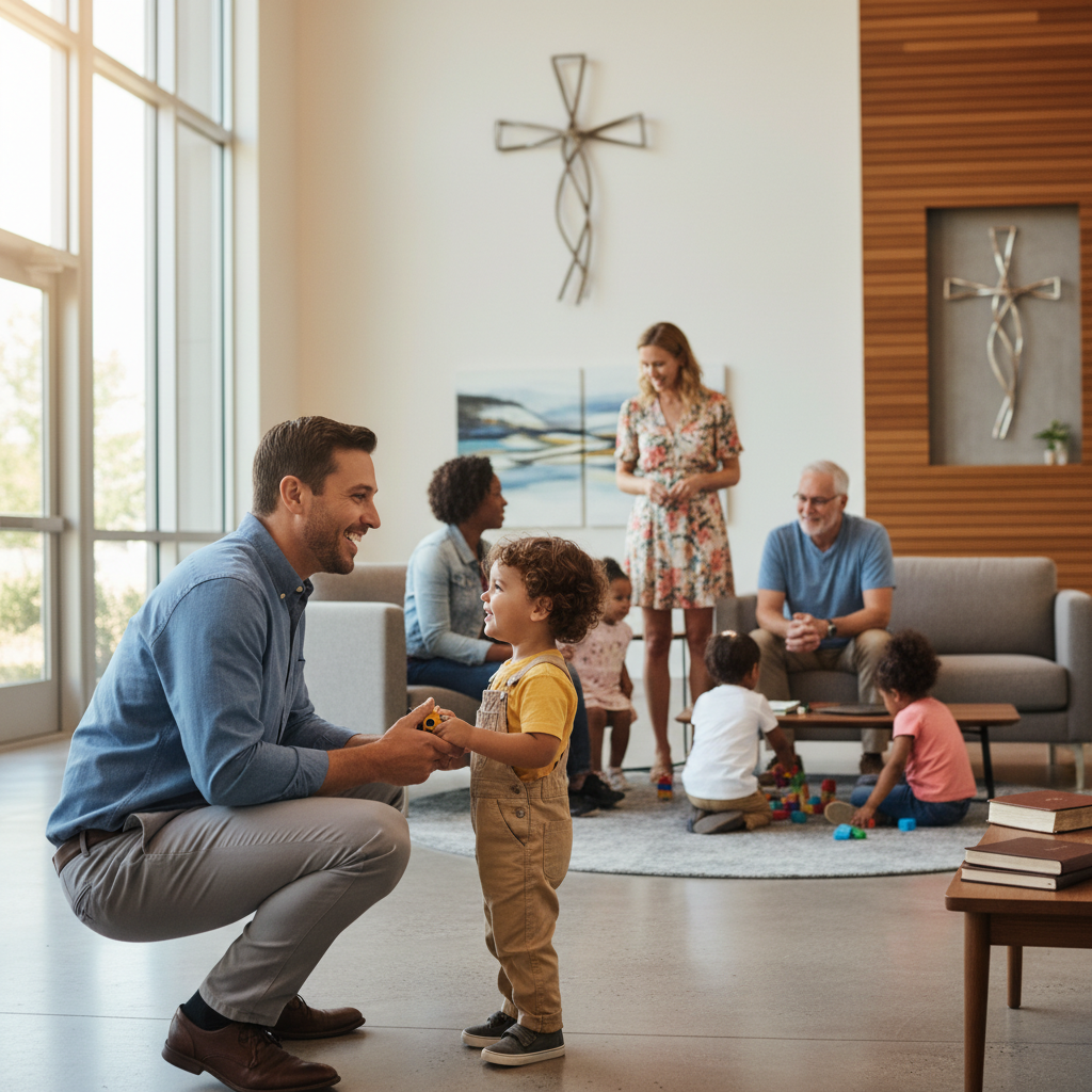 A diverse group of adults and children interacting warmly in a modern church setting, symbolizing intergenerational faith.