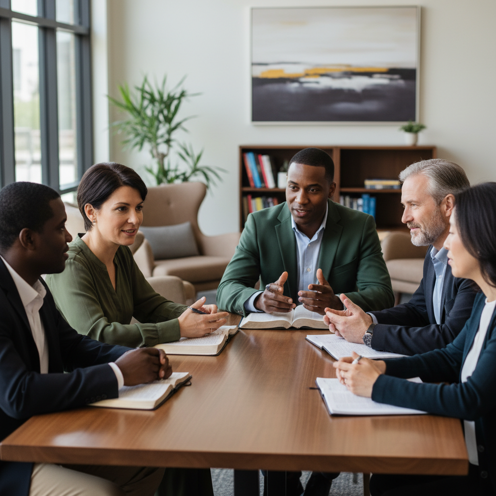 A diverse group of adults engaging in a supportive Bible study, discussing scripture together.