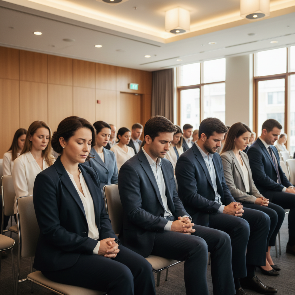 A diverse group of adults sitting in a modern hall, with expressions of peaceful contemplation and prayer.