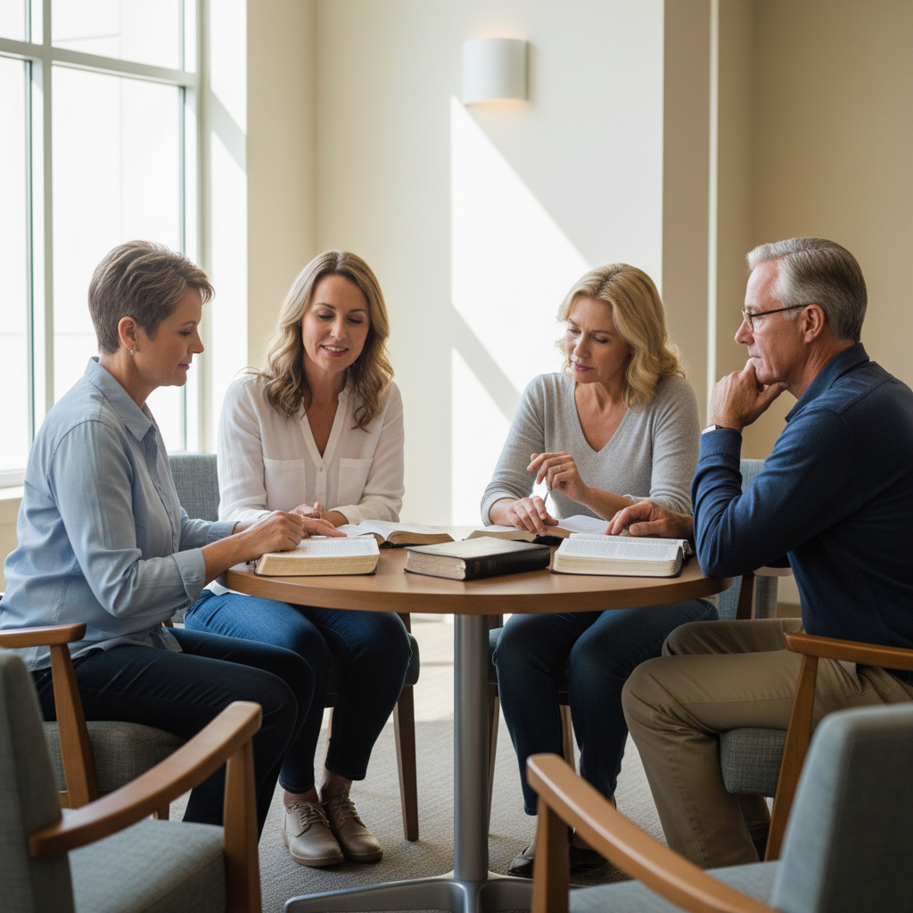 A diverse group of four adults studying Bibles together in a peaceful community setting, discussing spiritual truths.