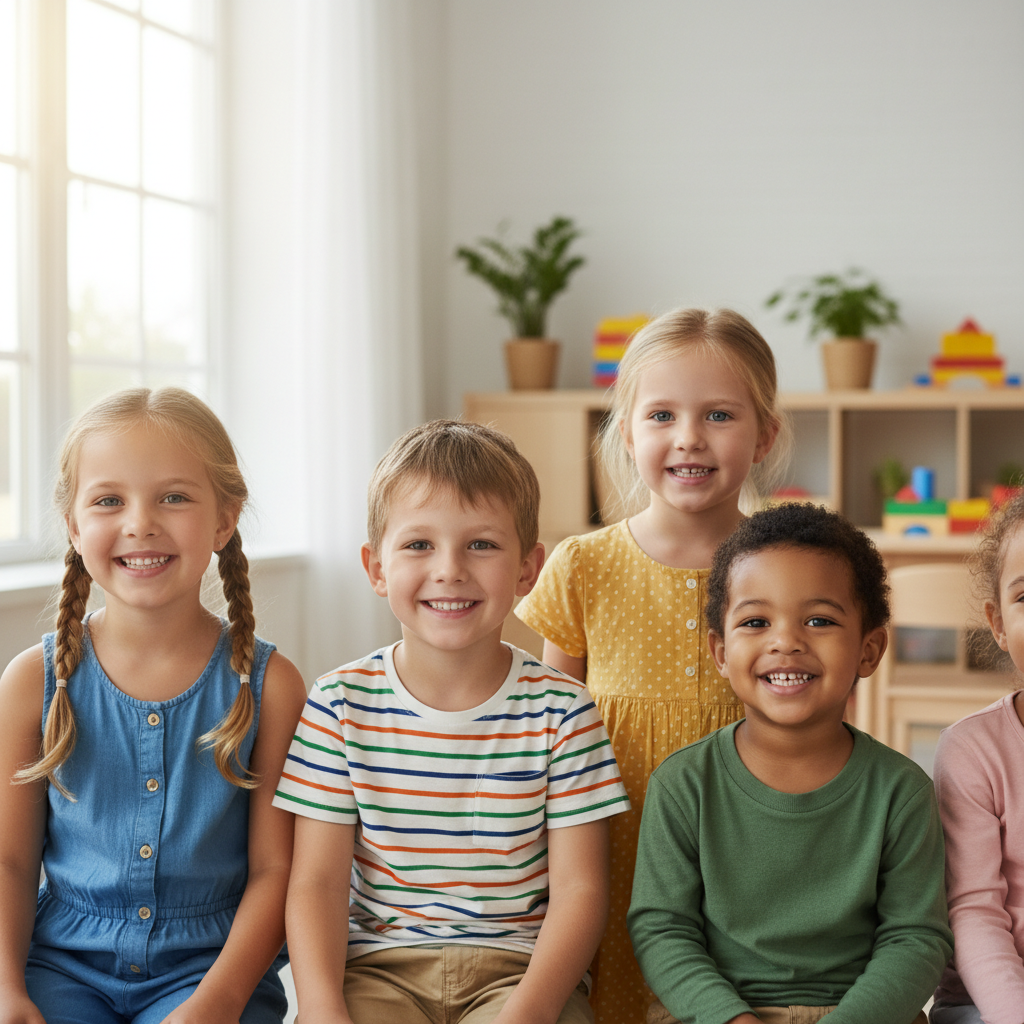 A diverse group of joyful young children, smiling warmly in a bright, welcoming room, symbolizing innocence and acceptance.