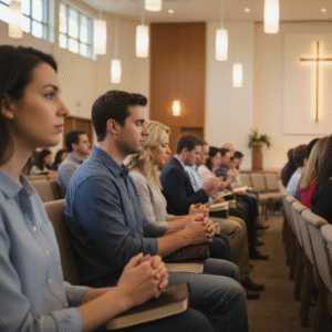 A diverse group of people engaged in orderly and reverent Christian worship within a contemporary church setting, with Bibles prominent.