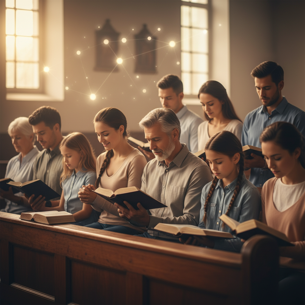 A diverse group of people engaging in quiet reflection and discussion in a warm, faith-filled setting, with a subtle star-like glow in the background.
