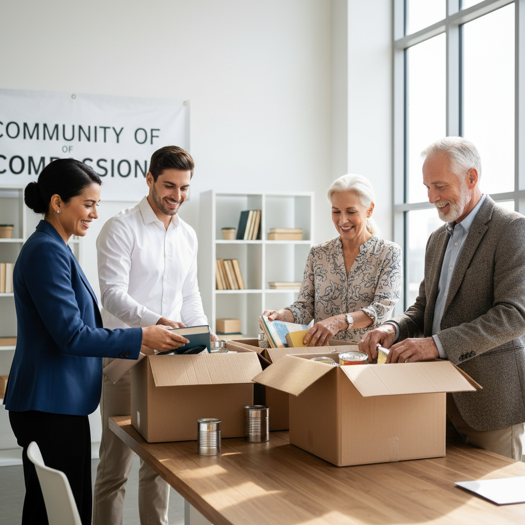 A diverse group of people smiling while engaged in purposeful community service.