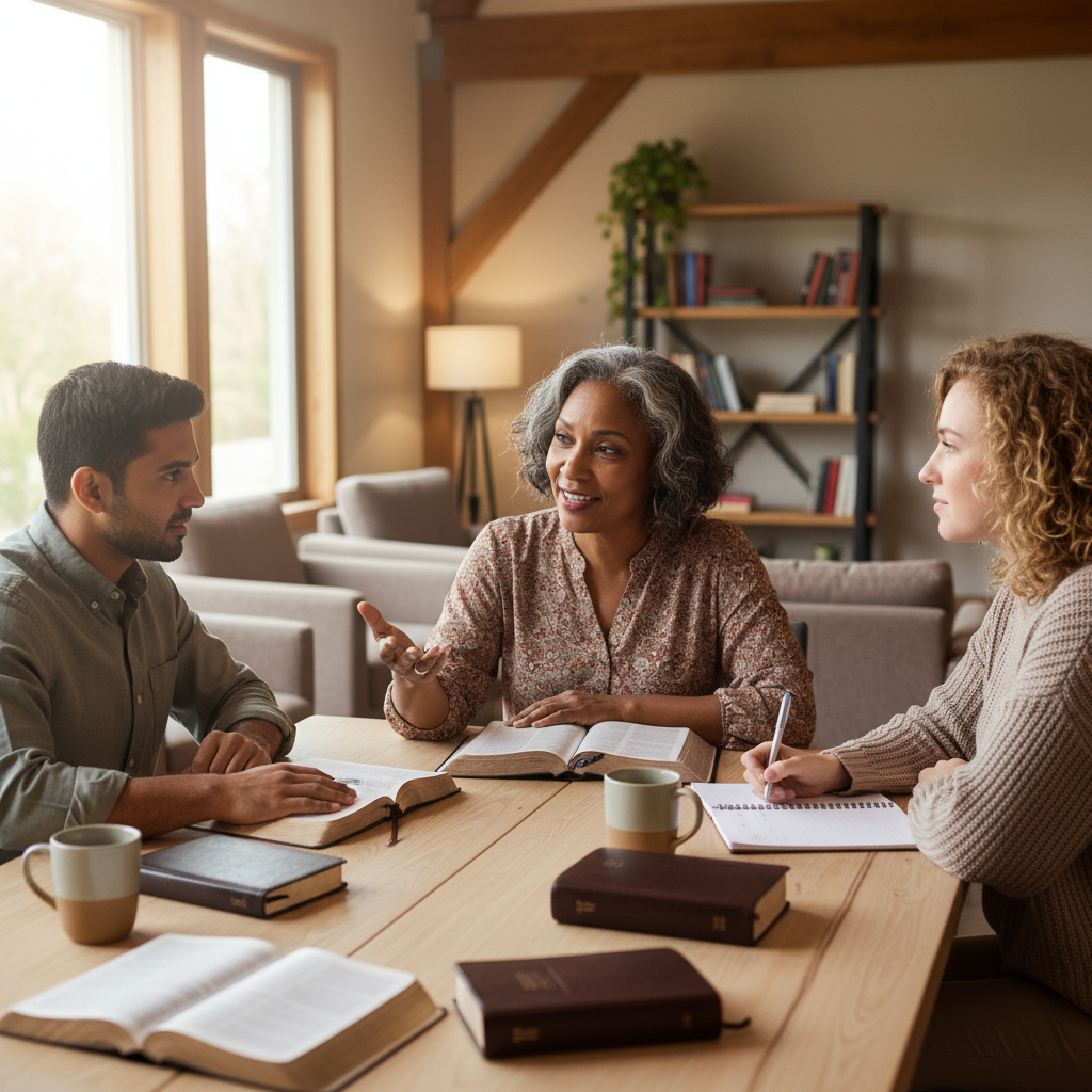 A diverse group of people thoughtfully discussing scripture around a table in a community setting.