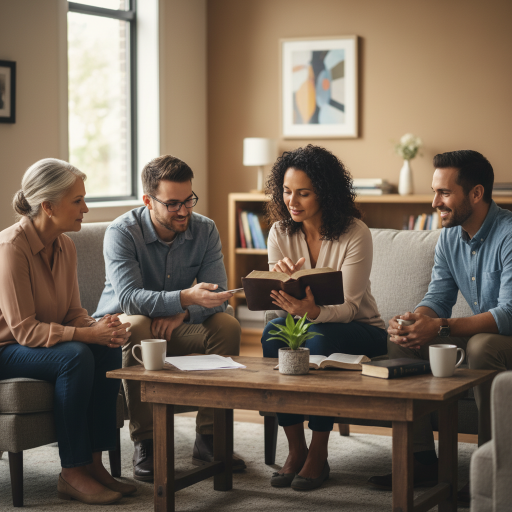 A diverse small group of people in a warm setting, engaged in thoughtful discussion about faith and scripture.