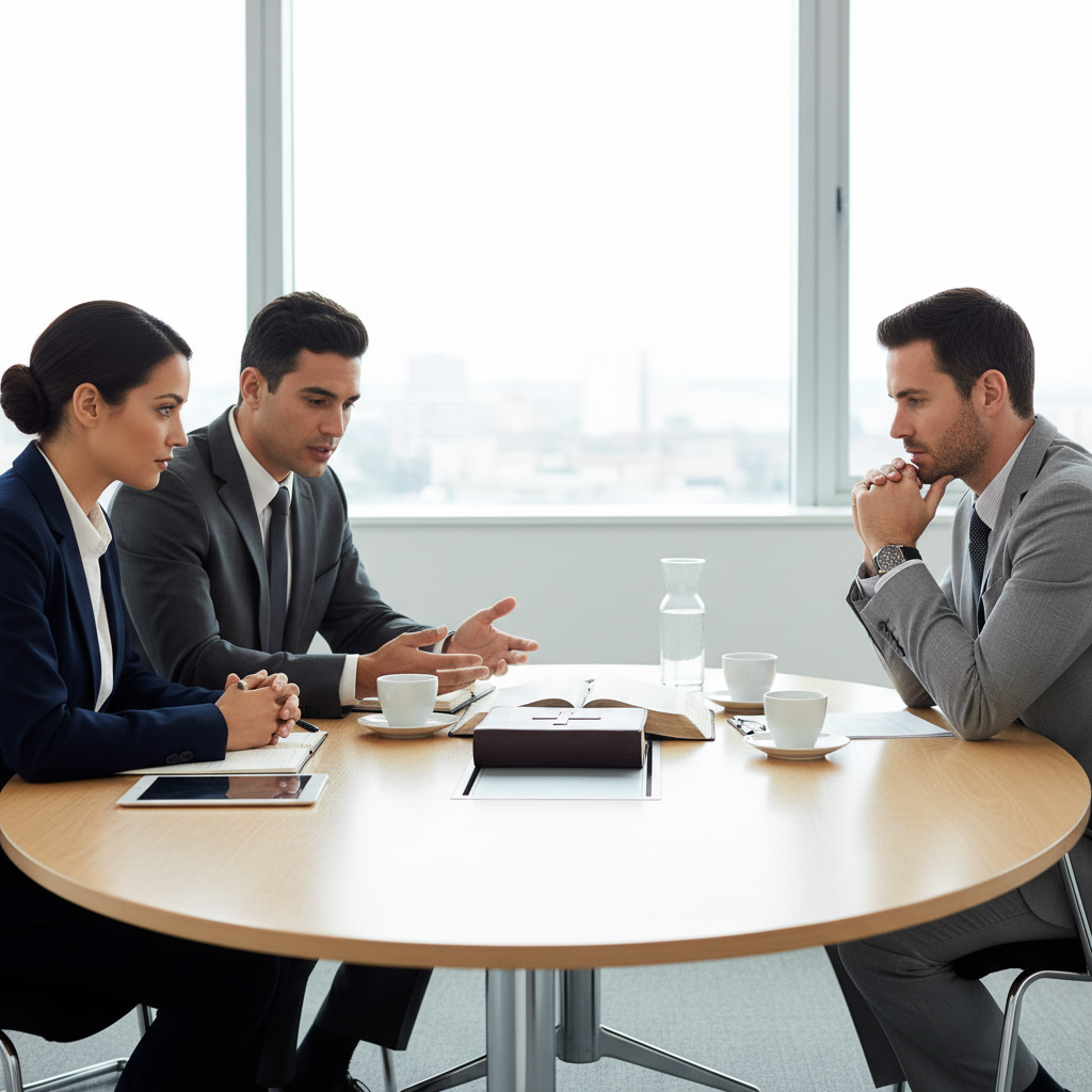 A group of diverse business professionals in a modern office meeting room, thoughtfully discussing an open Bible.