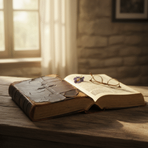 A high-quality stock photo of an open, aged Bible bathed in soft, warm light, resting on a wooden surface, symbolizing spiritual guidance and hope.