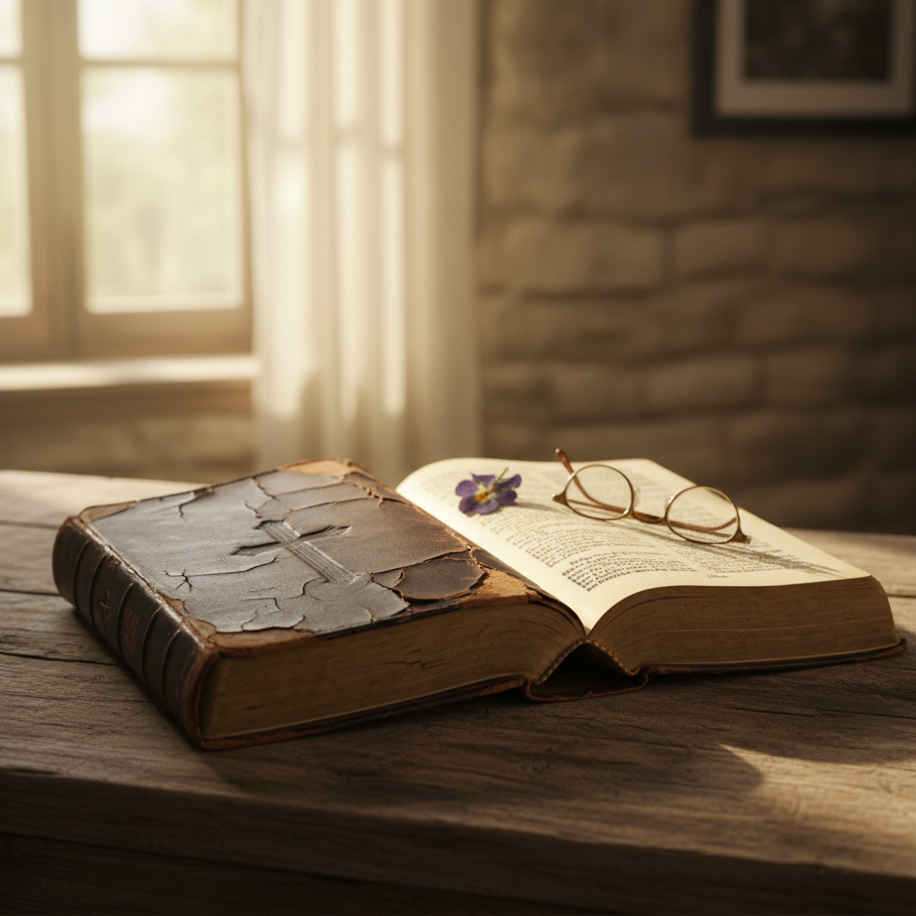A high-quality stock photo of an open, aged Bible bathed in soft, warm light, resting on a wooden surface, symbolizing spiritual guidance and hope.