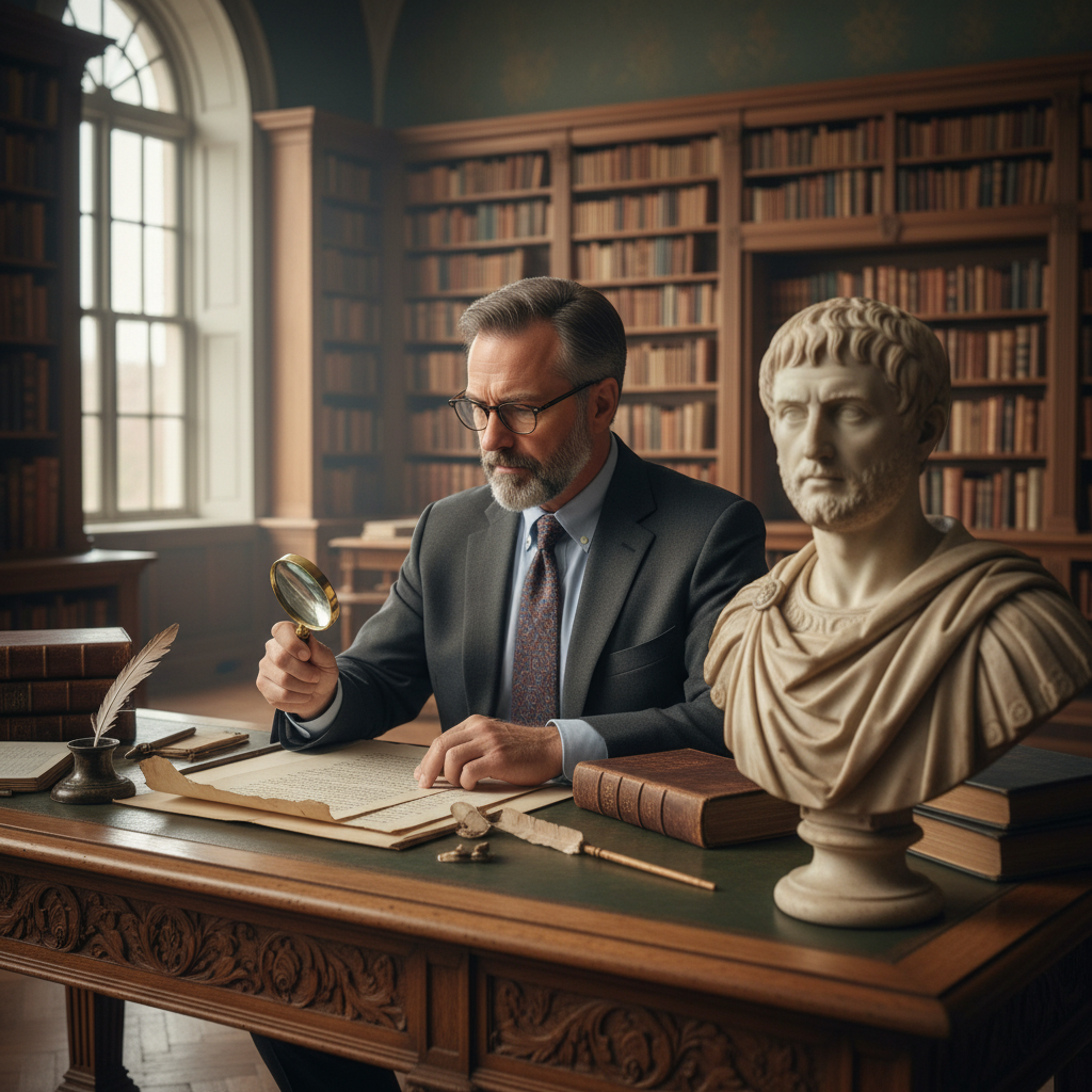 A historian in a library studies a bust of Tacitus and ancient texts.